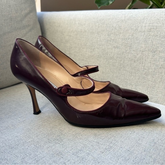 Manolo Blahnik Vintage Campari Burgundy Pointed Toe Mary Jane Heels Size 39.5 - Picture 11 of 12